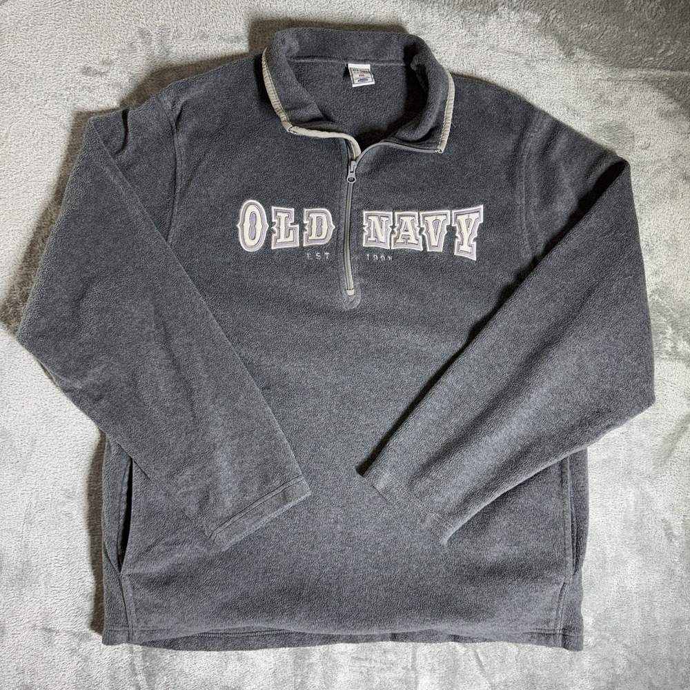 Vintage Old Navy Mens XXL Gray 1/4 Zip Spellout Pullover Fleece Sweater Jacket